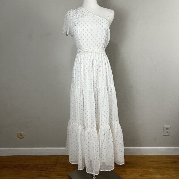 Lulus Shining Sight White Metallic Gold Polka Dot One-Shoulder Midi Dress Medium - Picture 1 of 14
